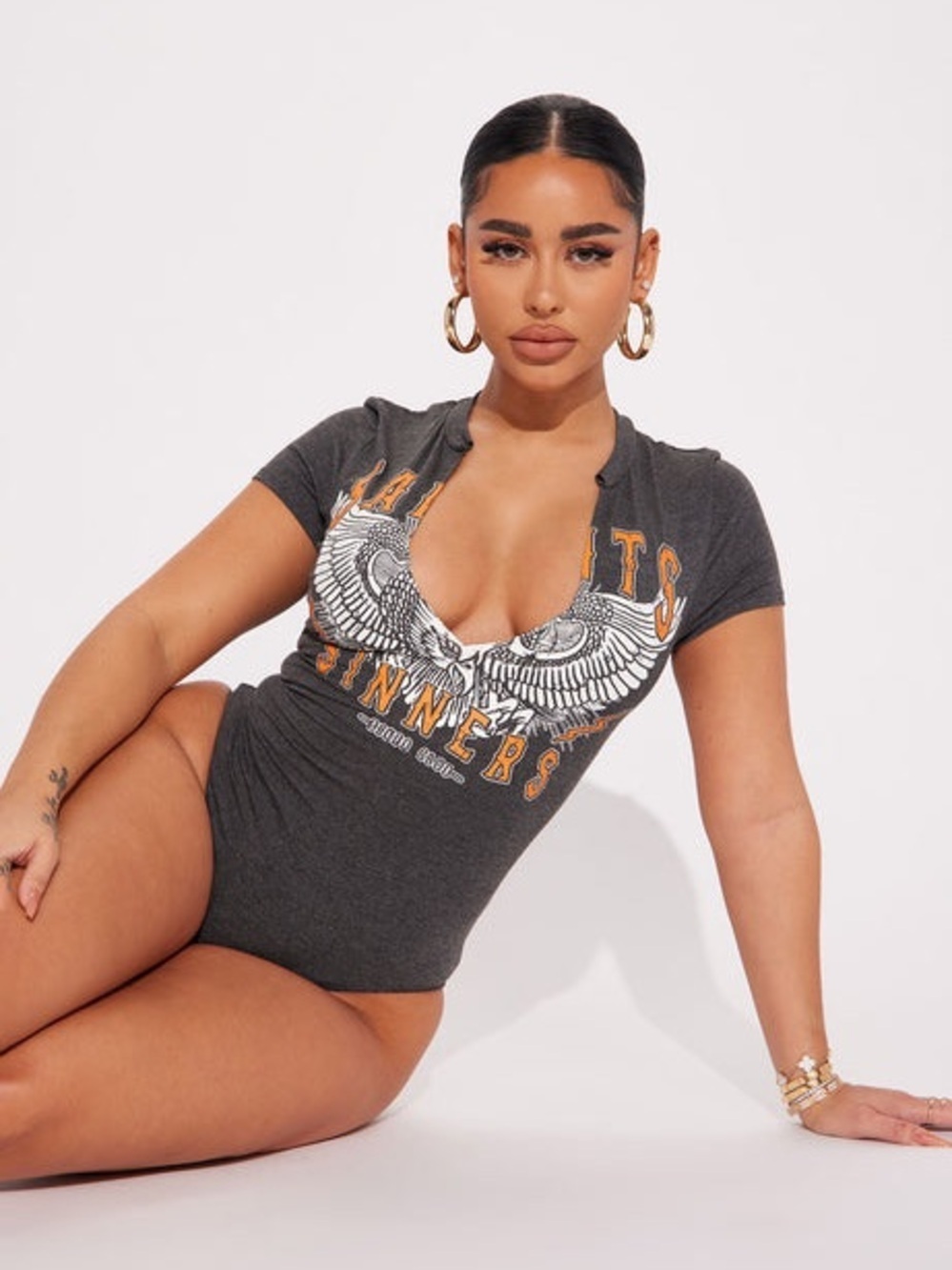 Fashion Nova Charcoal saints & sinners Graphic Bodysuit